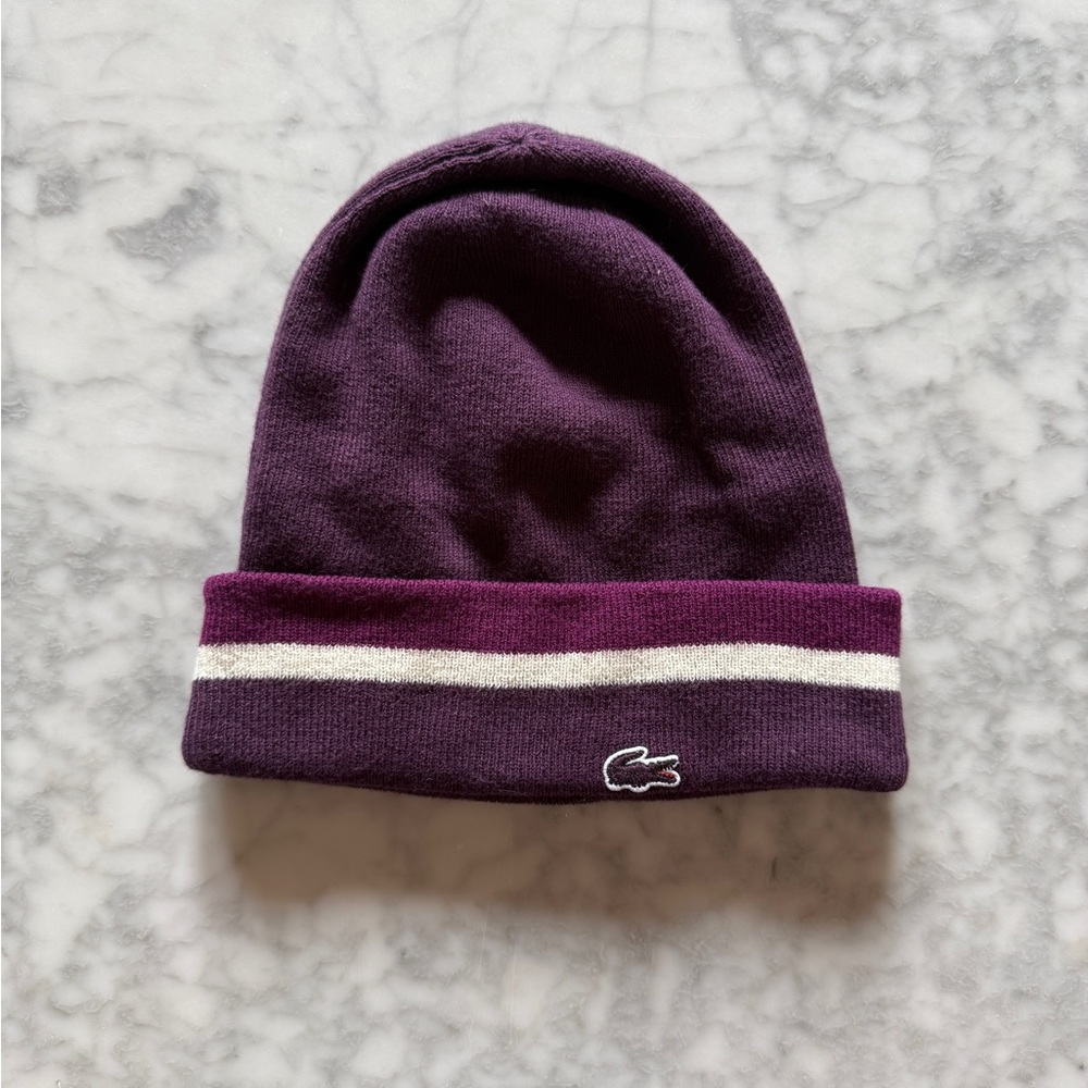 Lacoste Women’s Plum Beanie with White Stripe